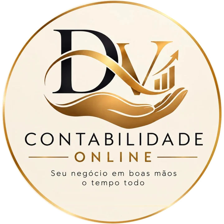 Logo da DV Contabilidade Online: as letras DV sobre uma mão dourada, com o slogan Seu negócio em boas mãos o tempo todo.